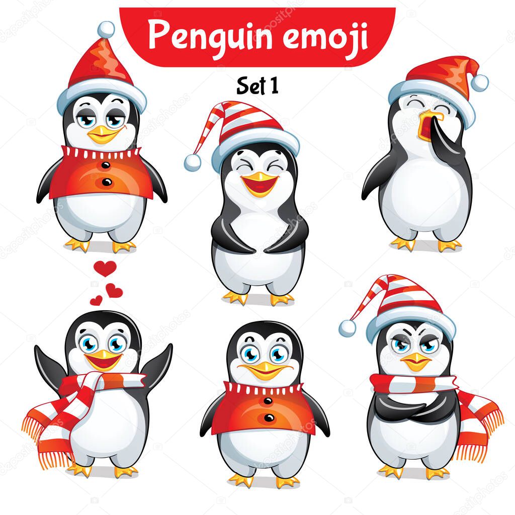 Vector set of christmas penguin characters. Set 1
