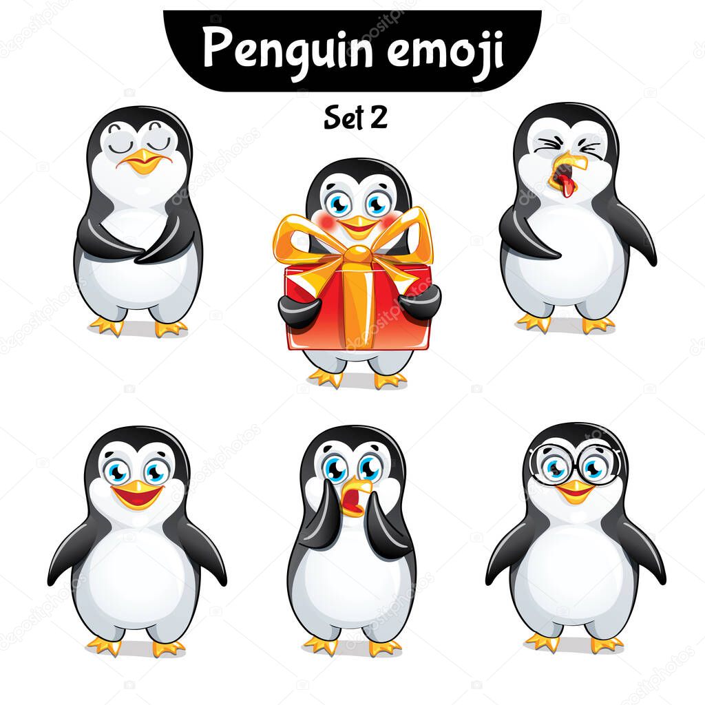 Vector set of cute penguin characters. Set 2