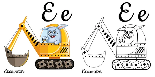 Grävmaskin. Vektor alfabetet bokstav E, Teckningar sida — Stock vektor