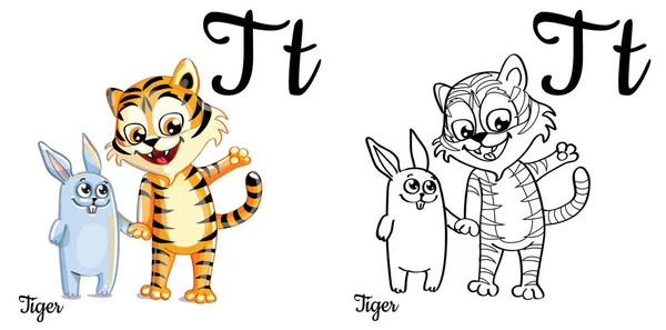 Tigre. Letra del alfabeto vectorial T, página para colorear — Vector de stock