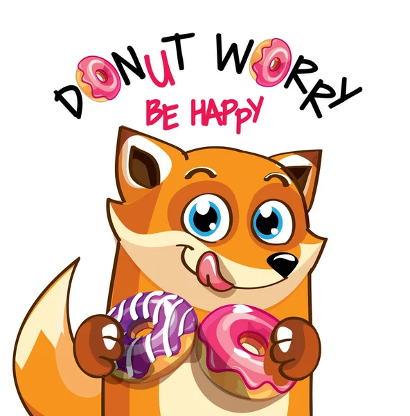 Vector illustration of cartoon fox with donuts. — Stock Vector