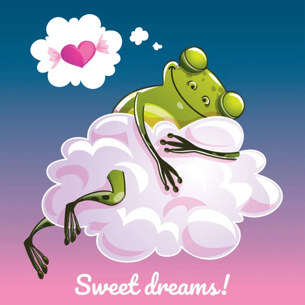 Menyambut kartu dengan kartun katak di awan - Stok Vektor