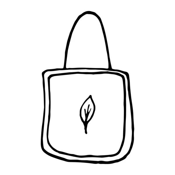 Yapraklı el yapımı eko çanta. Yeniden kullanılabilir eko alıcısı. Modern moda tekniğinde pamuk kesesi ile sıfır atık kavramı. Tek renkli Doodle biçimi, vektör — Stok Vektör