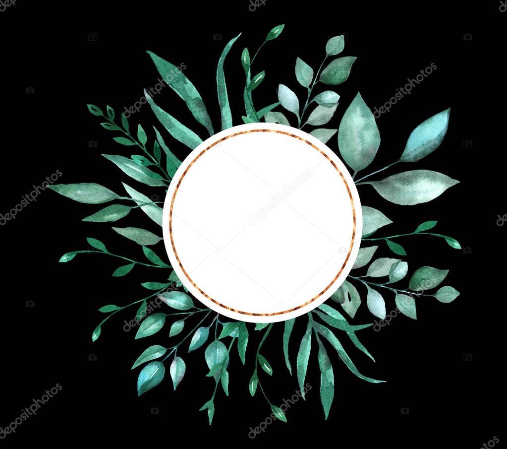 Watercolor green leaves round frame. Greeting card. Hand painting