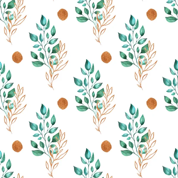 Aquarell helle Blätter und goldene Punkte nahtloses Muster. Handbemalt. Perfekt für Fashin, Textil- und Hochzeitskarten, Einladungen — Stockfoto