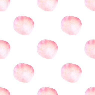 Puantiyeli kusursuz desen. Beyaz arka planda pembe suluboya daireler. Duvar kağıdı, arka plan, kumaş ve tekstil için mükemmel.