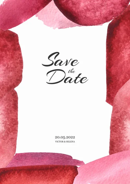 Bröllop inbjudan kort mall med akvarell abstrakta former. Röd abstrakt bakgrund spara datum, inbjudan, gratulationskort — Stockfoto
