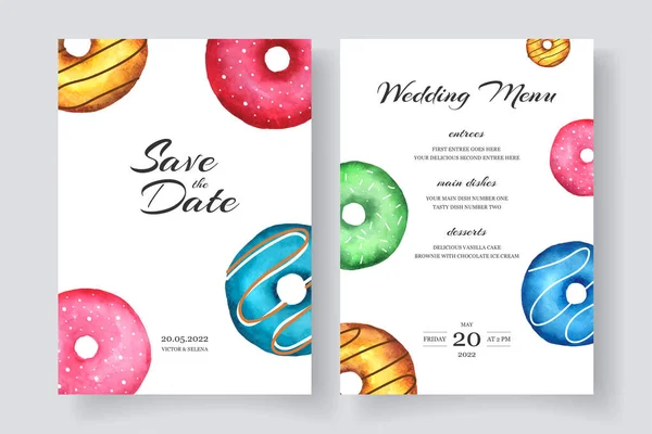 Hochzeitseinladung und Menüvorlage mit handbemalten Aquarell-Donuts. Vektor — Stockvektor