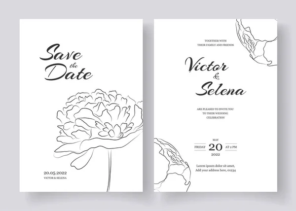 Minimalistische Hochzeitseinladung mit umlaufenden Pfingstrosenblumen. Schwarz-Weiß. Vektor — Stockvektor