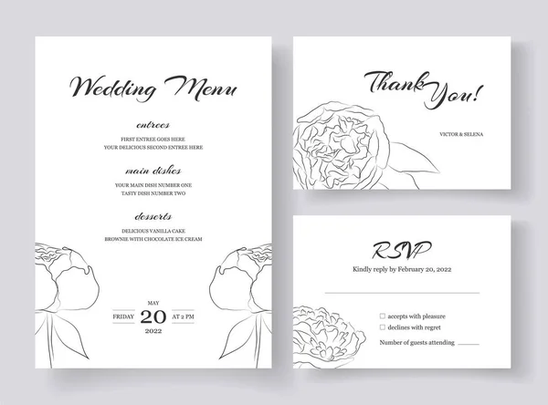 Minimalistische Hochzeitseinladung mit umlaufenden Pfingstrosenblumen. Vorlage für Hochzeitskarten. Schwarz-Weiß. Vektor — Stockvektor
