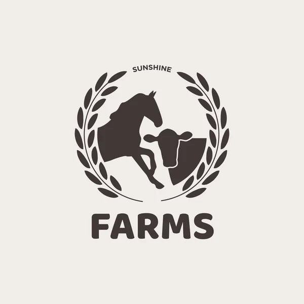 Family farms - logo design with horse, cow surrounded by wheat wreath. — Stock Vector