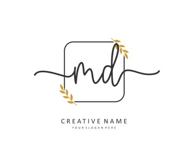 MD baş harf el yazısı ve imza logosu. Şablon ögesine sahip bir konsept el yazısı logosu.
