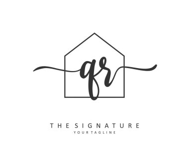 QR İlk harf el yazısı ve imza logosu. Şablon ögesine sahip bir konsept el yazısı logosu.