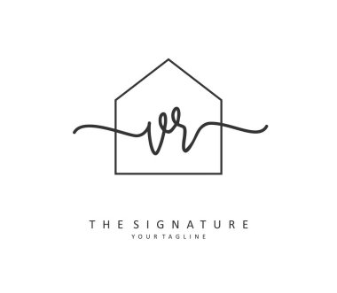 VR ilk harf el yazısı ve imza logosu. Şablon ögesine sahip bir konsept el yazısı logosu.