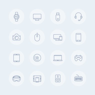 Modern gadget'lar ince çizgi simgeleri, vr cihazları, giyilebilir gadget, elektronik, vr gözlük, gadgets simgeler, semboller, vektör illüstrasyon