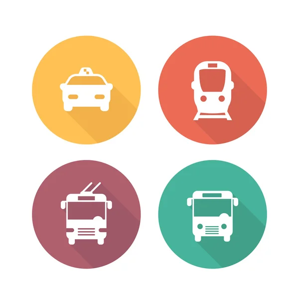 Ícones de transporte da cidade, pictogramas de transporte público, ícones planos redondos de transporte público, metrô, táxi, ônibus, símbolos trolleybus , — Vetor de Stock