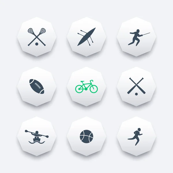 College sports octagon icons set, sports pictograms, vector illustration — Stok Vektör