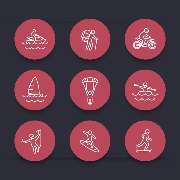 Extreme outdoor activities round red line icons, vector illustration — 图库矢量图片