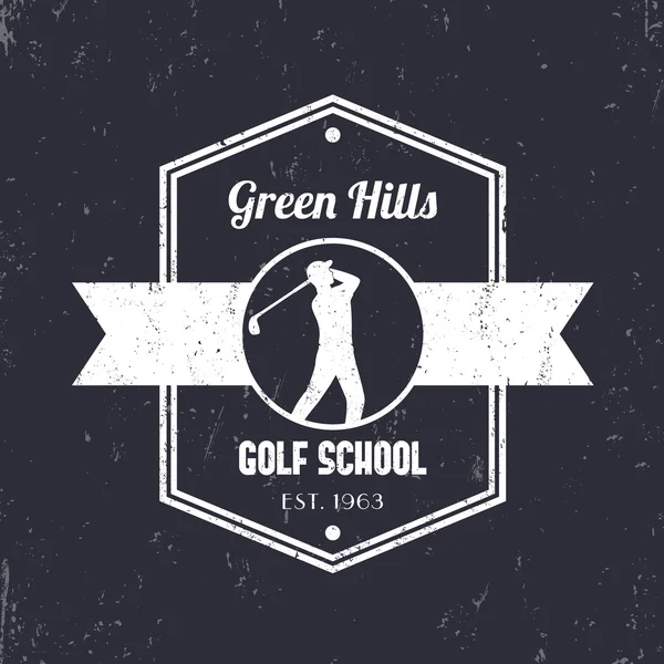 Golf School Vintage Logo, Abzeichen, Schild mit Golfer, Golfspieler schwingt Golfschläger, Vektorillustration — Stockvektor