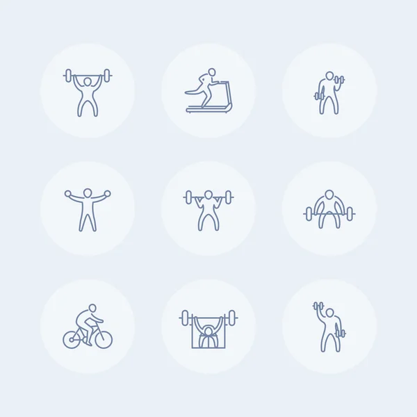 Gym, fitness exercises thin line icons, gym pictograms with exercising people, fitness training icons, vector illustration — Stock Vector