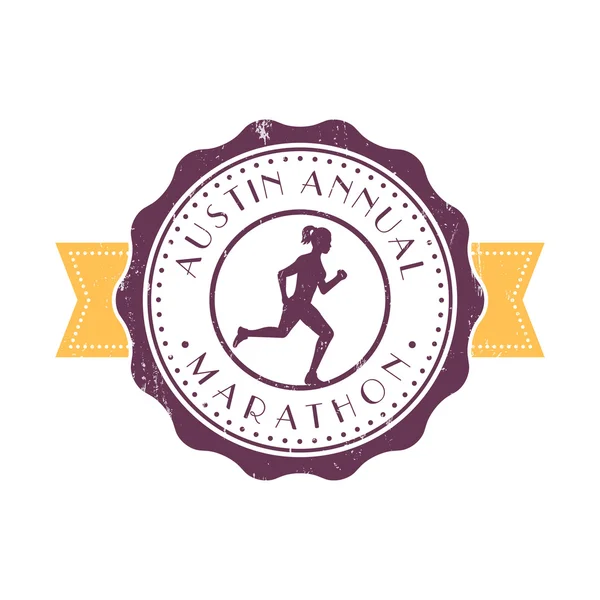 Marathon emblème vintage, badge, panneau marathon avec fille coureuse, logo marathon rond isolé sur blanc, illustration vectorielle — Image vectorielle