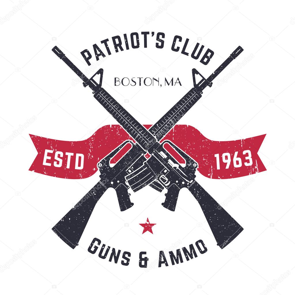 Patriots club vintage logo with crossed guns, gun shop vintage sign with assault rifles, gun store emblem on white, vector 