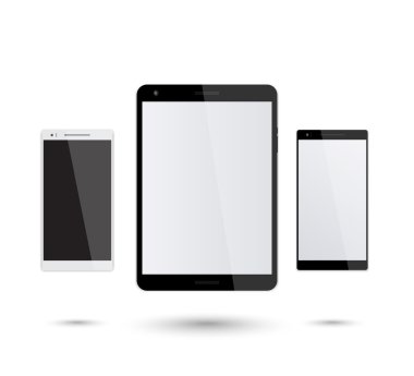 Tablet ve akıllı telefonlar mockup beyaz, gümüş ve siyah smartphone, modern siyah tablet, vektör çizim vektör