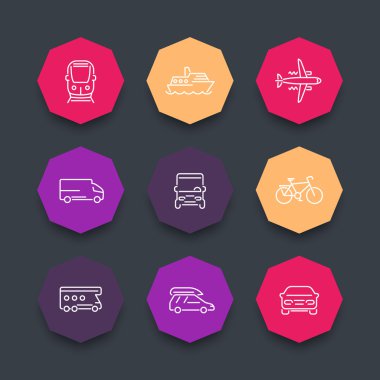 Ulaşım, Araba, van, minibüs, otobüs, tren, uçak hat simgeler, renk sekizgen kümesi, vektör çizim