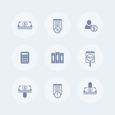 Muhasebe, finans, izole bordro simgeler, bordro piktogram, defter tutma simgesi, vektör çizim