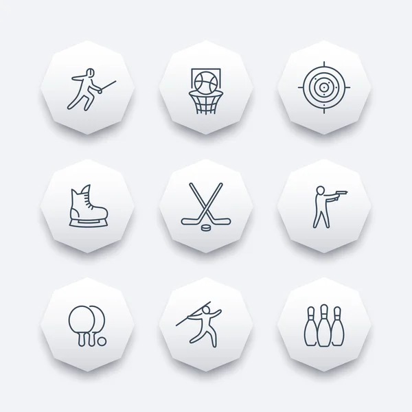 Sport, hry, tým sport line ikony, hokej, stolní tenis, basketbal, šerm osmiúhelník ikony, vektorové ilustrace — Stockový vektor