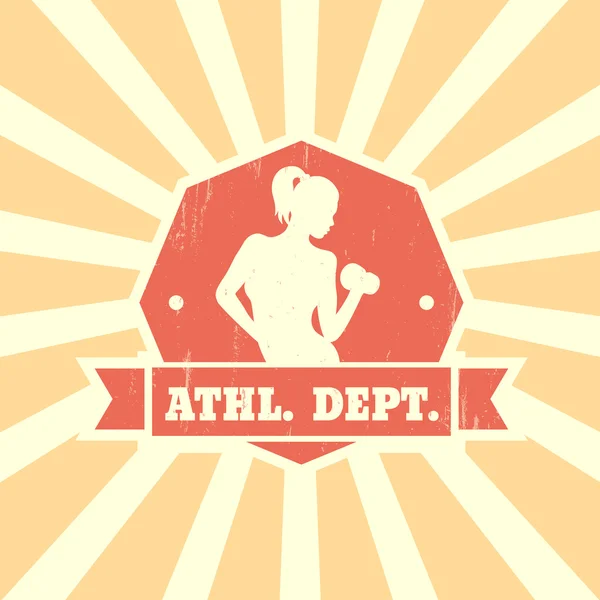 Departamentos atléticos. diseño vintage con chica atlética, insignia vintage, plantilla de logotipo de fitness, ilustración vectorial — Vector de stock