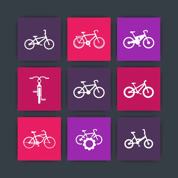 Kolo, Cyklistika, kola, elektrické kolo, tuku kolo materiál design ikony nastavit, vektorové ilustrace — Stockový vektor