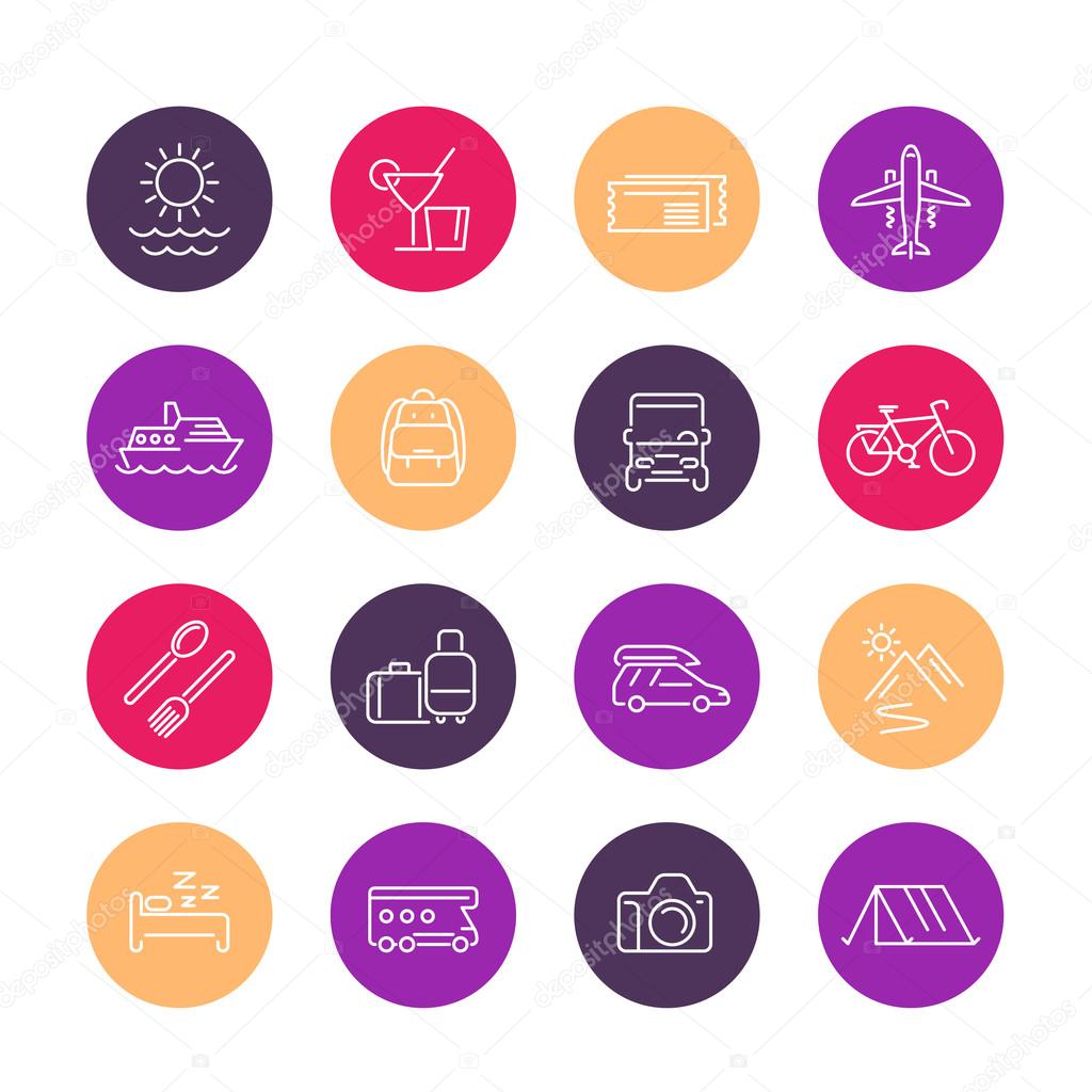Travel, tourism line icons, trip, recreation, vacation color icons set, vector illustration