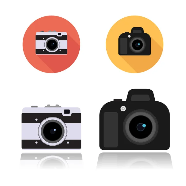 DSLR camerapictogram en retro compact camerapictogram, ronde platte pictogrammen op wit, vector illustratie — Stockvector