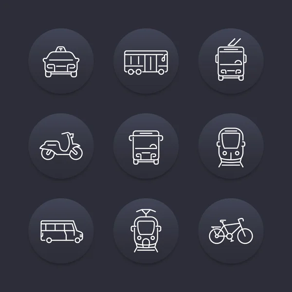 City transport, transit van, train, bus line icon, taxi, transit bus icon, linear round icons set, vector illustration — Stock Vector