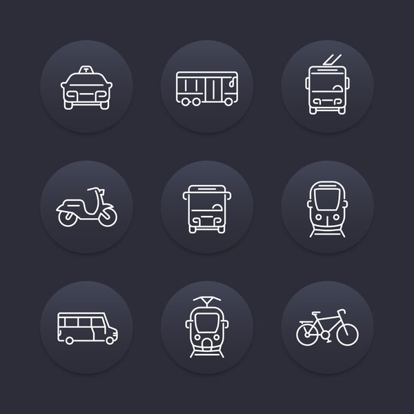 City transport, transit van, train, bus line icon, taxi, transit bus icon, linear round icons set, vector illustration