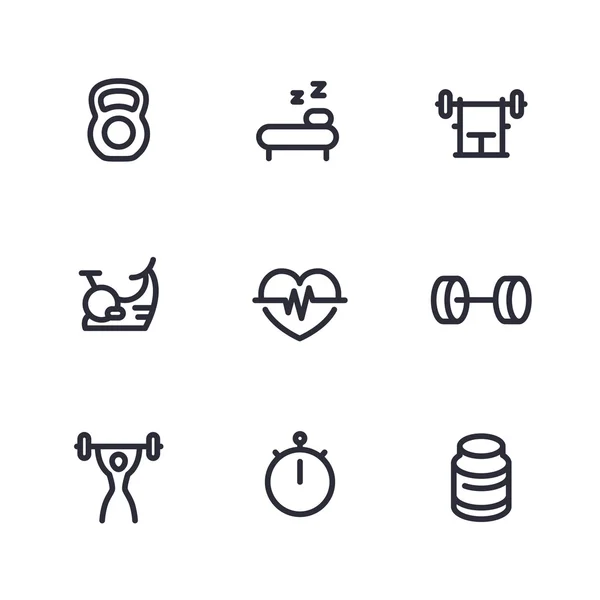 Fitness dikke lijn iconen, fit en actieve levensstijl, training, training, fitness pictogram geïsoleerd op wit, vector illustratie — Stockvector