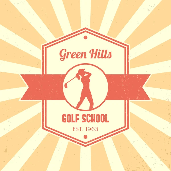 Golf School Vintage Logo, Abzeichen, Golfschule tetragonales Emblem, mit Mädchen Golferin, Golfspielerin schwingt Golfschläger, Vektor — Stockvektor