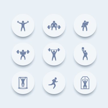 Spor salonu, fitness egzersizleri yuvarlak simgeler, spor eğitimi, egzersiz simgesi, fitness egzersizleri pictograms, vektör illüstrasyon