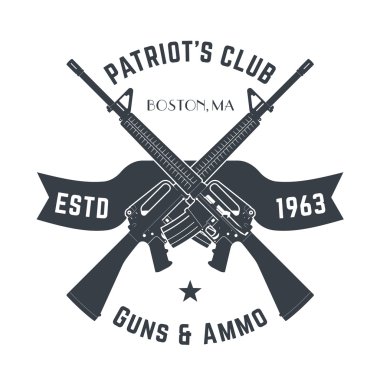 Otomatik silahlar ile Patriots kulüp vintage logosu, saldırı tüfekleri ile vintage silah dükkanı işareti, silah mağaza amblemi beyaz izole, vektör 