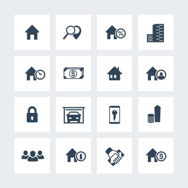 Real estate icons on squares, house sale, search, apartments, homes for rent, real estate pictograms, vector illustration clipart