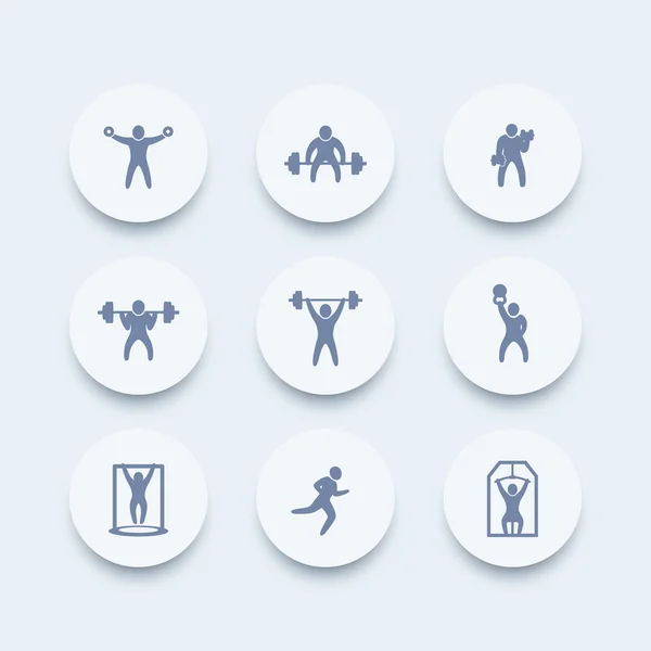 Gym, fitness exercises round icons, gym training, workout icon, fitness exercises pictograms, vector illustration — Stock Vector