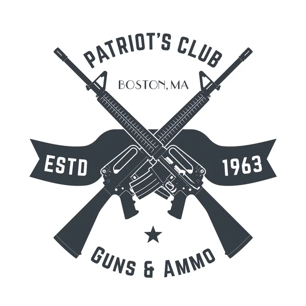 Patriots clube logotipo do vintage com armas automáticas, sinal de loja de armas vintage com rifles de assalto, arma loja emblema isolado no branco, vetor — Vetor de Stock