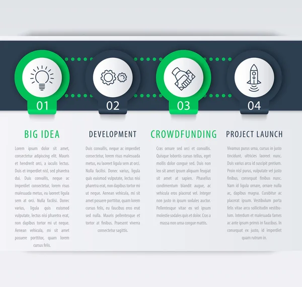 Startup infographic design elements, 1, 2, 3, 4 steps, timeline, business infographics template, vector illustration — Stock Vector