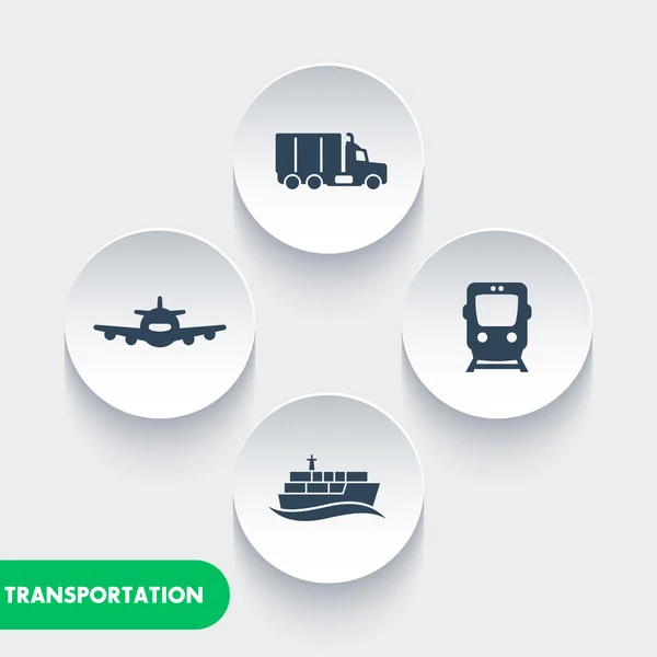 Iconos de la industria del transporte, vector de tren de carga, transporte aéreo, buque de carga, transporte marítimo, icono de camión de carga, transporte — Vector de stock