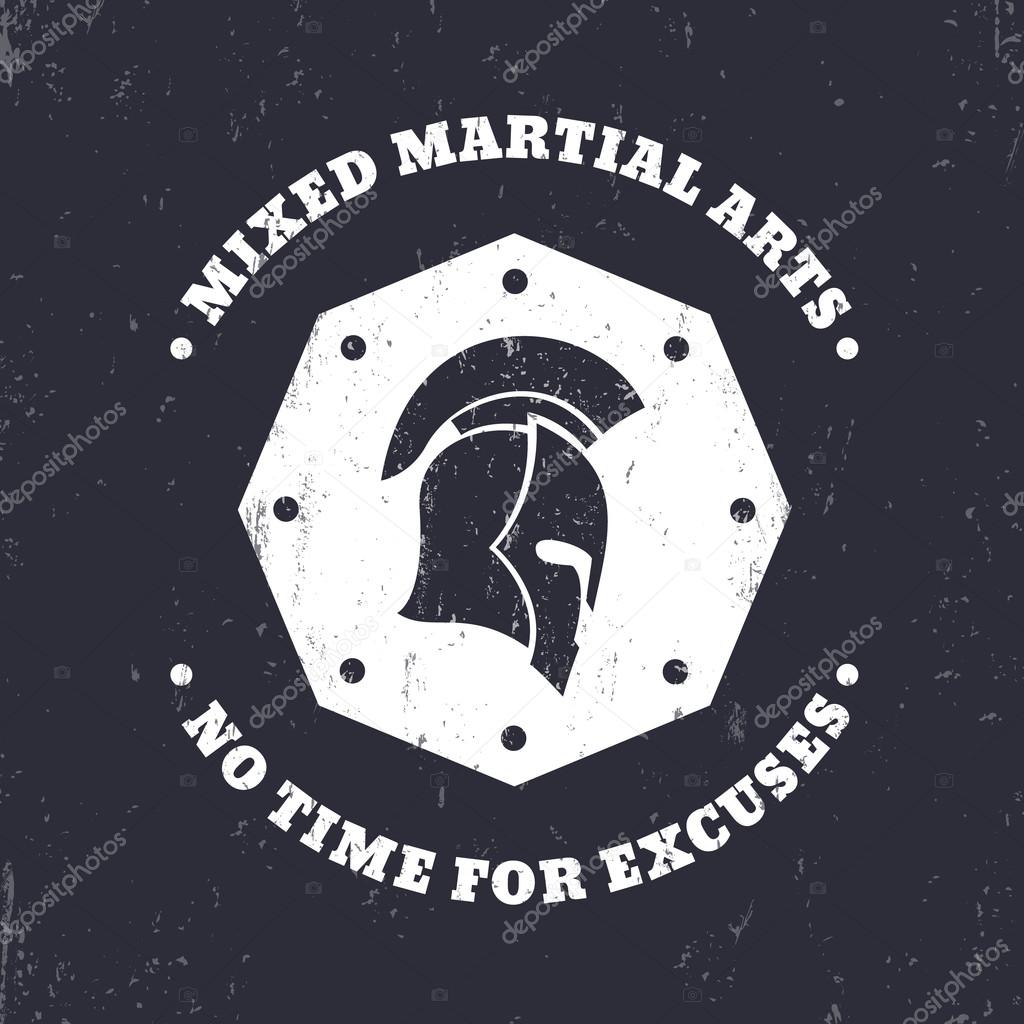 MMA, mixed martial arts vintage emblem, logo, sign with spartan helmet on octagon, vector illustration