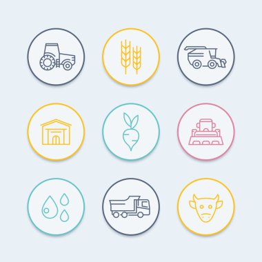 Tarım, tarım hattı simgeler, traktör, hasat, sığır, Tarım makineleri, tarım yuvarlak renkli simgeler, vektör çizim