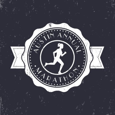 Maraton vintage amblem, rozet, maraton logosu, maraton işaret yuvarlak kız ile çalışan, illüstrasyon vektör