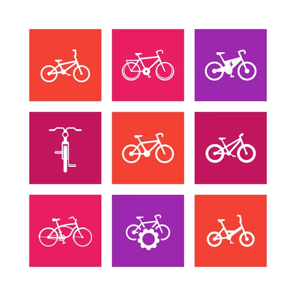 Велосипед, велосипед, велосипед, электрический велосипед, жир-велосипед, услуги по ремонту велосипедов квадратные иконки на белом, векторная иллюстрация — стоковый вектор