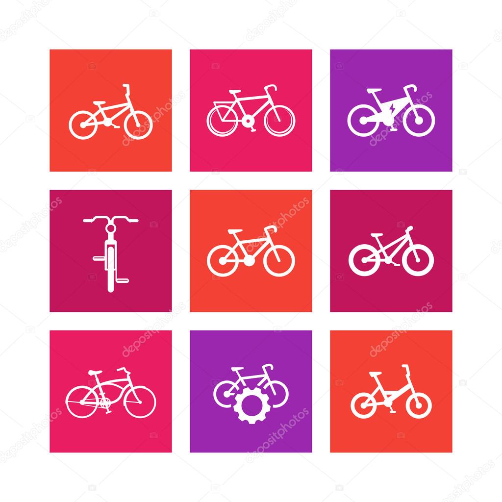bicycle, cycling, bike, electric bike, fat-bike, bicycle repair service square icons on white, vector illustration